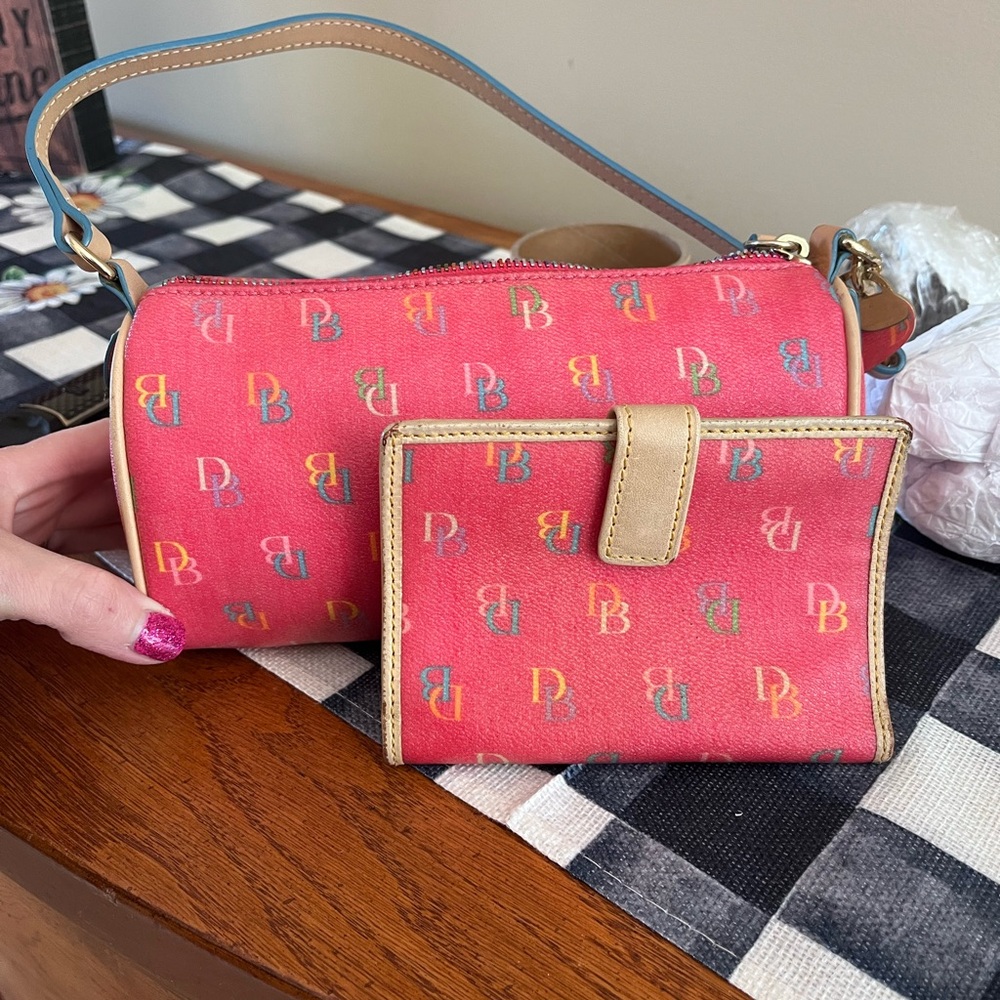 SOLD-Dooney & Bourke red rainbow monogram mini barrel with matching wallet
